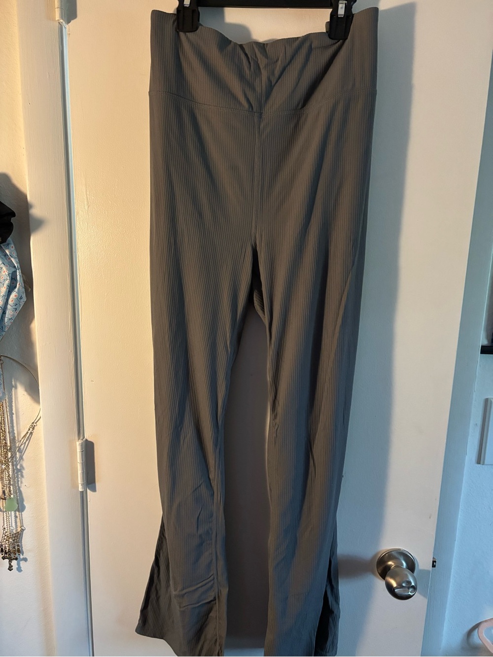 High-Waist Gray Ribbed Flare Pants